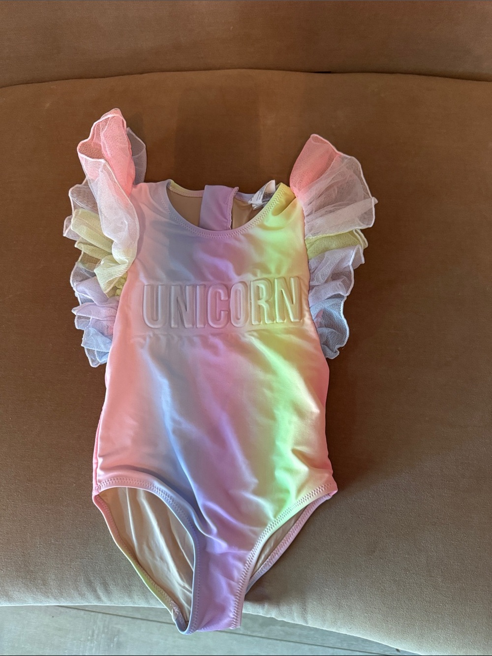 Shade Critters: Girls Rainbow 'Unicorn' One-Piece Swimsuit with Ruffle Sleeves